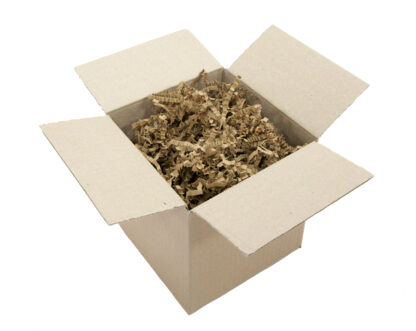 cardboard box full of brown shredded paper