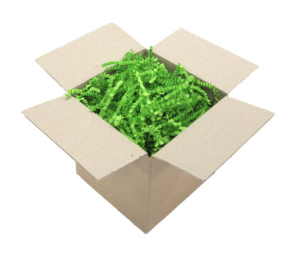 cardboard box full of green shredded paper