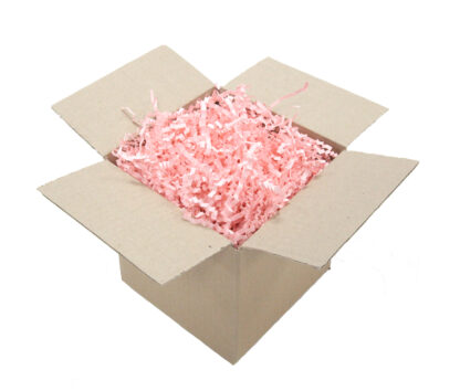 cardboard box full of pink shredded paper