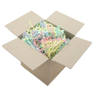 cardboard box full of rainbow coloured shredded paper