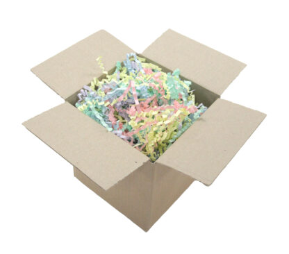 cardboard box full of rainbow coloured shredded paper