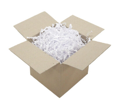 cardboard box full of white shredded paper